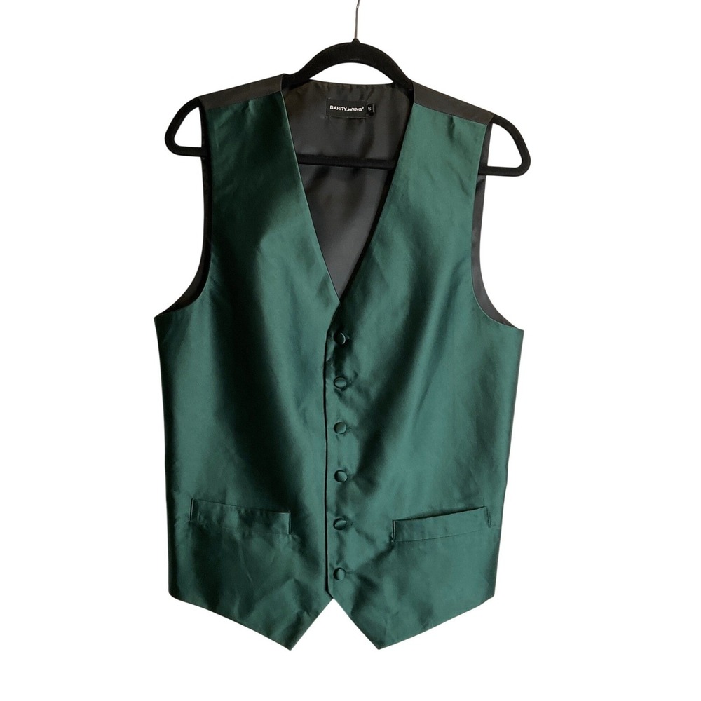 Barry Wang Silk Suit Vest Waistcoat Green Button Up Formal Formal Prom Wedding S